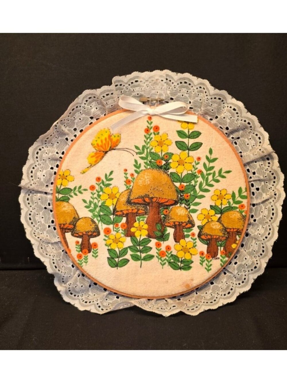 Vintage 70s Retro 3D Mushroom and Butterfly Wall Decor in Embroidery Hoop w Lace